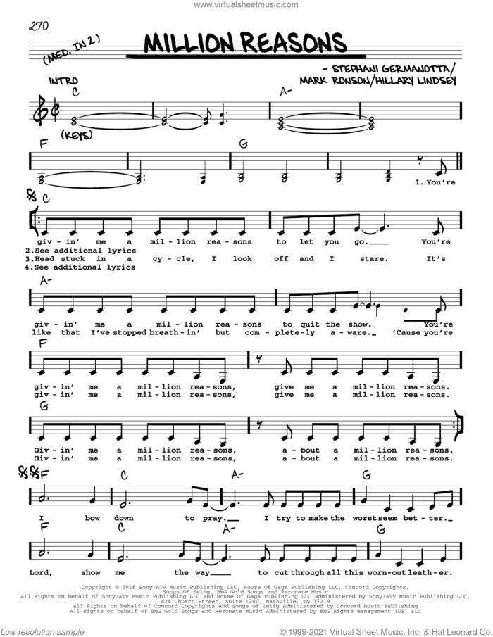 Million Reasons sheet music for voice and other instruments (real book with lyrics) by Lady Gaga, Hillary Lindsey and Mark Ronson, intermediate skill level