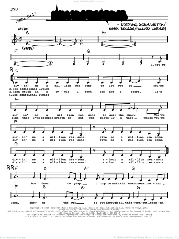 Million Reasons sheet music for voice and other instruments (real book with lyrics) by Lady Gaga, Hillary Lindsey and Mark Ronson, intermediate skill level