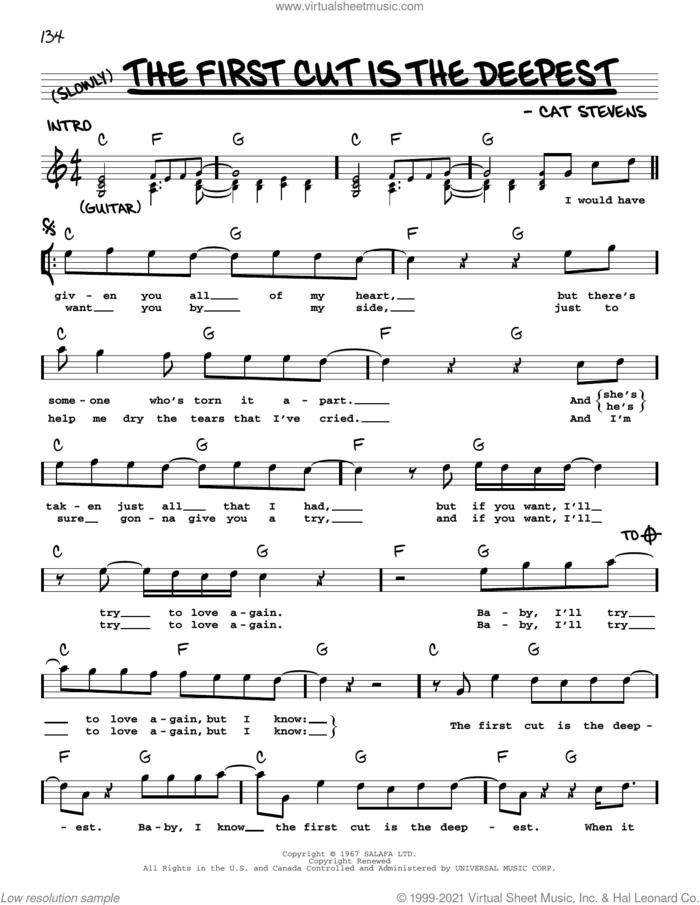 The First Cut Is The Deepest sheet music for voice and other instruments (real book with lyrics) by Cat Stevens, intermediate skill level