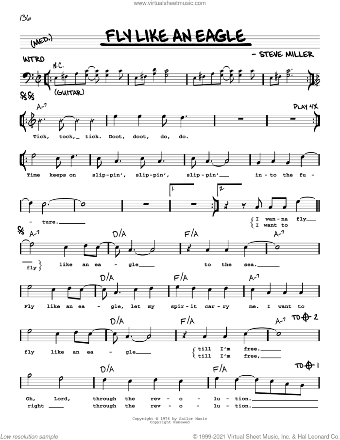 Fly Like An Eagle sheet music for voice and other instruments (real book with lyrics) by Steve Miller Band and Steve Miller, intermediate skill level