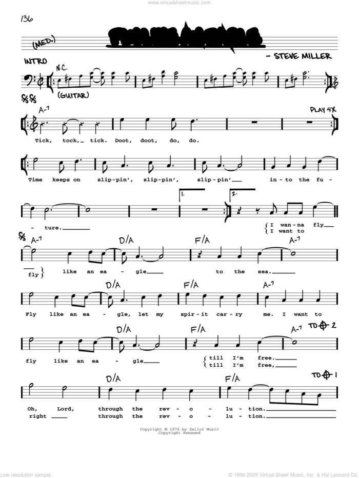 Fly Like An Eagle sheet music for voice and other instruments (real book with lyrics) by Steve Miller Band and Steve Miller, intermediate skill level