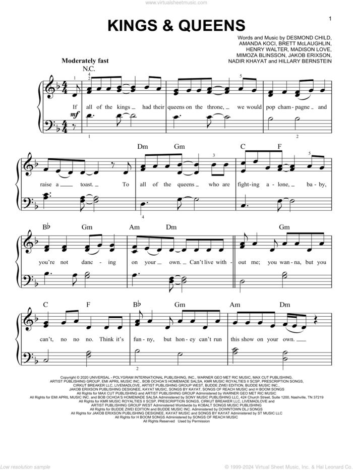 Kings and Queens, (easy) sheet music for piano solo by Ava Max, Amanda Koci, Brett McLaughlin, Desmond Child, Henry Walter, Hillary Bernstein, Jakob Erixson, Madison Love, Mimoza Blinsson and Nadir Khayat, easy skill level