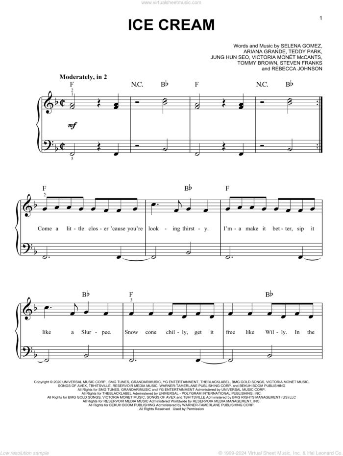 Ice Cream (with Selena Gomez) sheet music for piano solo by BLACKPINK, Ariana Grande, Jung Hun Seo, Rebecca Rose Johnson, Selena Gomez, Teddy Park, Tommy Brown and Victoria Monet, easy skill level