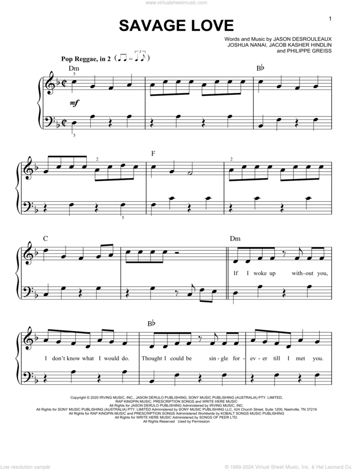 Savage Love sheet music for piano solo by Jawsh 685 x Jason Derulo x BTS, Jacob Kasher Hindlin, Jason Desrouleaux, Joshua Nanai and Philippe Greiss, easy skill level