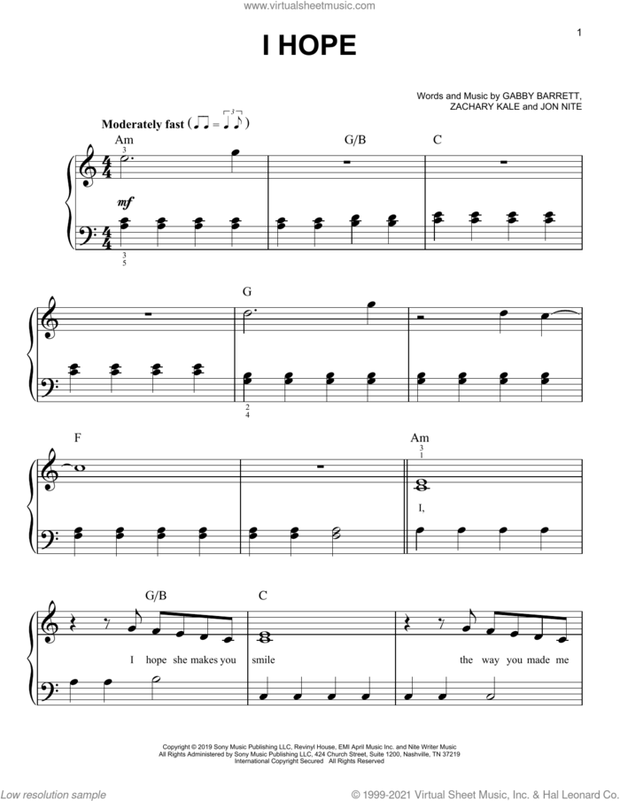 I Hope, (easy) sheet music for piano solo by Gabby Barrett, Jon Nite and Zachary Kale, easy skill level