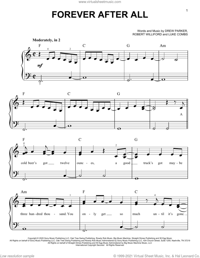 Forever After All sheet music for piano solo by Luke Combs, Drew Parker and Robert Williford, easy skill level