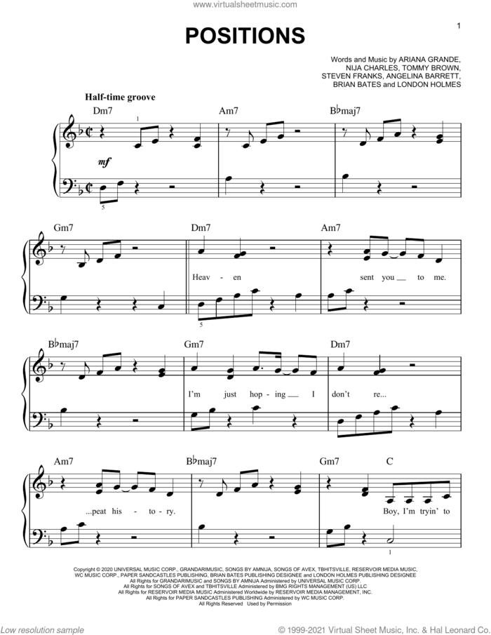 Positions sheet music for piano solo by Ariana Grande, Angelina Barrett, Brian Bates, London Holmes, Nija Charles, Steven Franks and Tommy Brown, easy skill level