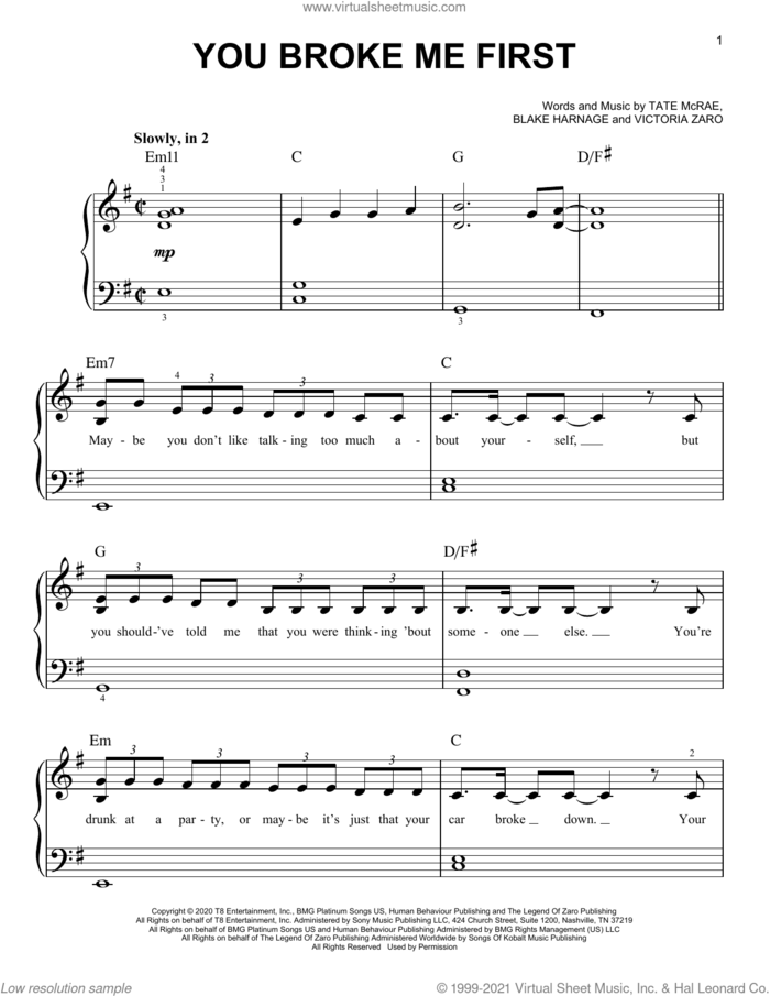 You Broke Me First sheet music for piano solo by Tate McRae, Blake Harnage and Victoria Zaro, easy skill level