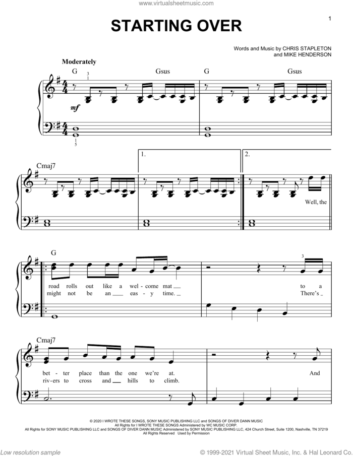 Starting Over sheet music for piano solo by Chris Stapleton and Mike Henderson, easy skill level