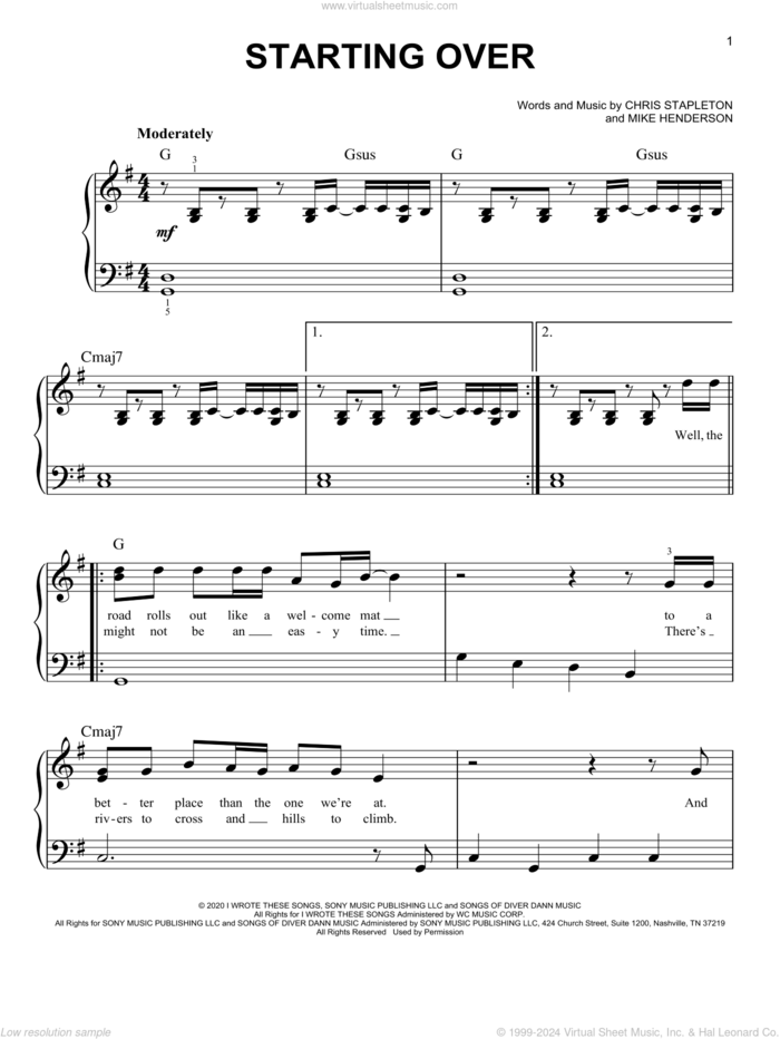 Starting Over sheet music for piano solo by Chris Stapleton and Mike Henderson, easy skill level