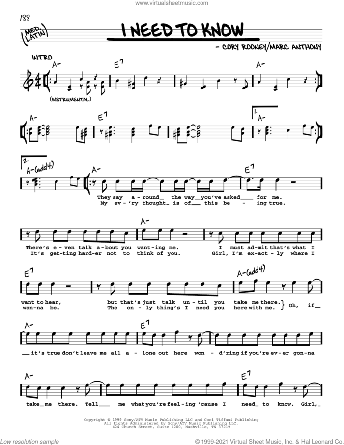 I Need To Know sheet music for voice and other instruments (real book with lyrics) by Marc Anthony and Cory Rooney, intermediate skill level
