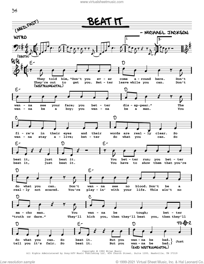 Beat It sheet music for voice and other instruments (real book with lyrics) by Michael Jackson, intermediate skill level