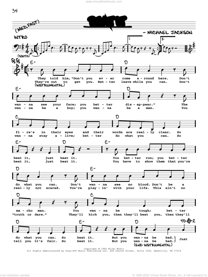 Beat It sheet music for voice and other instruments (real book with lyrics) by Michael Jackson, intermediate skill level