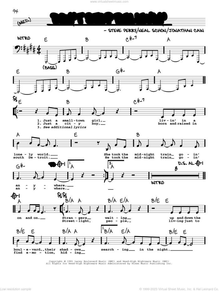 Don't Stop Believin' sheet music for voice and other instruments (real book with lyrics) by Journey, Jonathan Cain, Neal Schon and Steve Perry, intermediate skill level