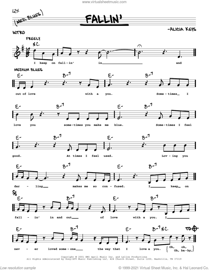 Fallin' sheet music for voice and other instruments (real book with lyrics) by Alicia Keys, intermediate skill level