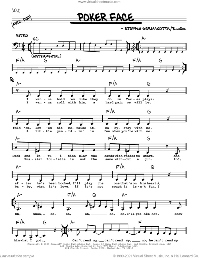 Poker Face sheet music for voice and other instruments (real book with lyrics) by Lady Gaga and RedOne, intermediate skill level