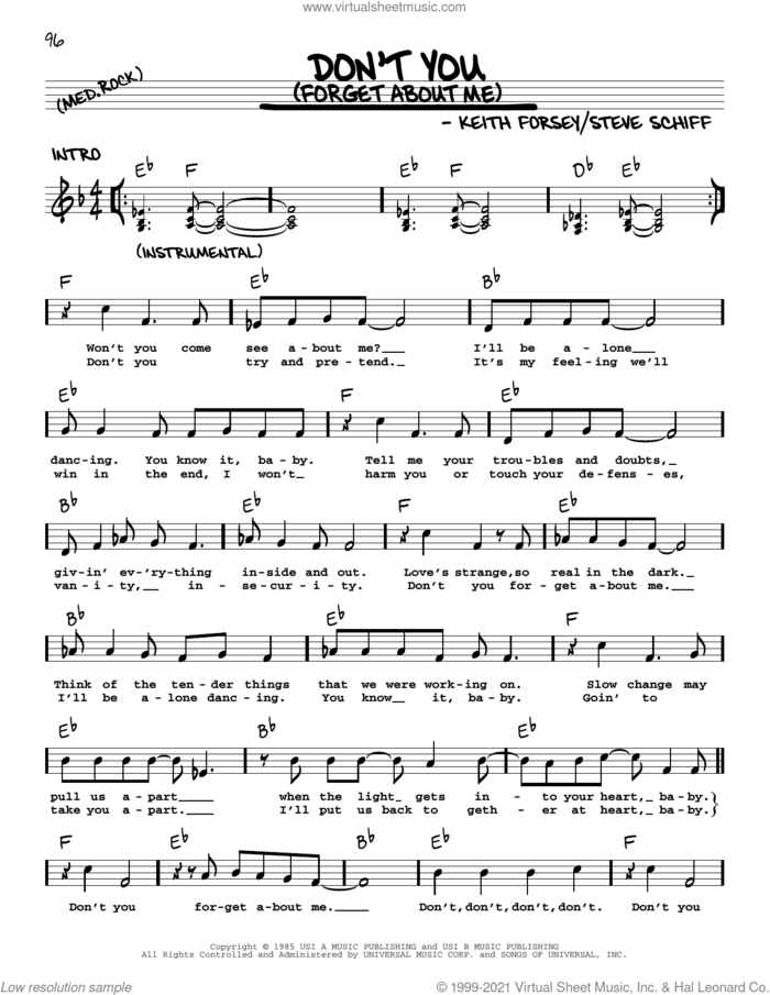 Don't You (Forget About Me) sheet music for voice and other instruments (real book with lyrics) by Simple Minds, Keith Forsey and Steve Schiff, intermediate skill level