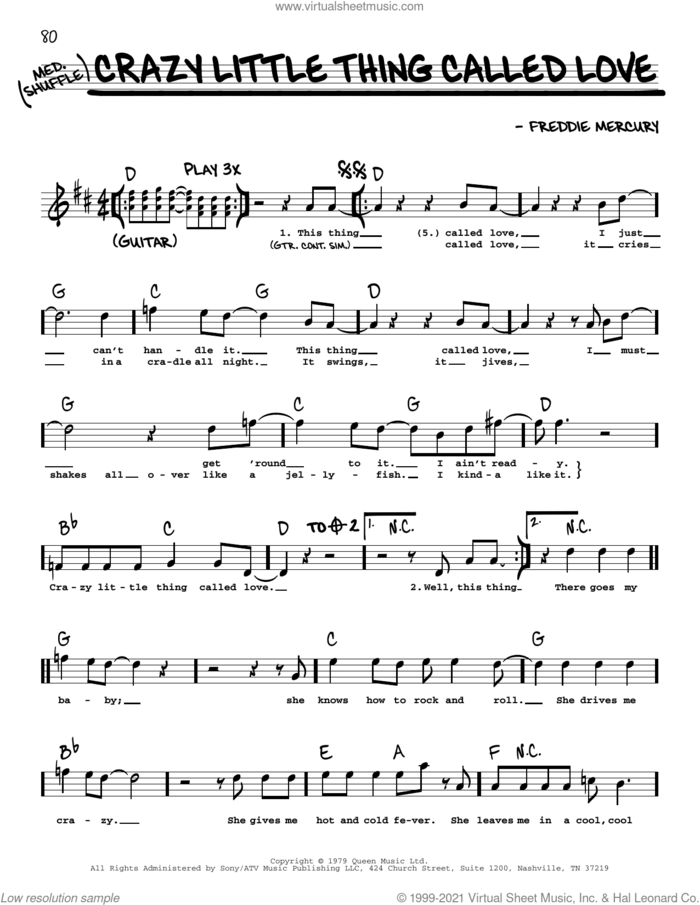 Crazy Little Thing Called Love sheet music for voice and other instruments (real book with lyrics) by Queen and Freddie Mercury, intermediate skill level