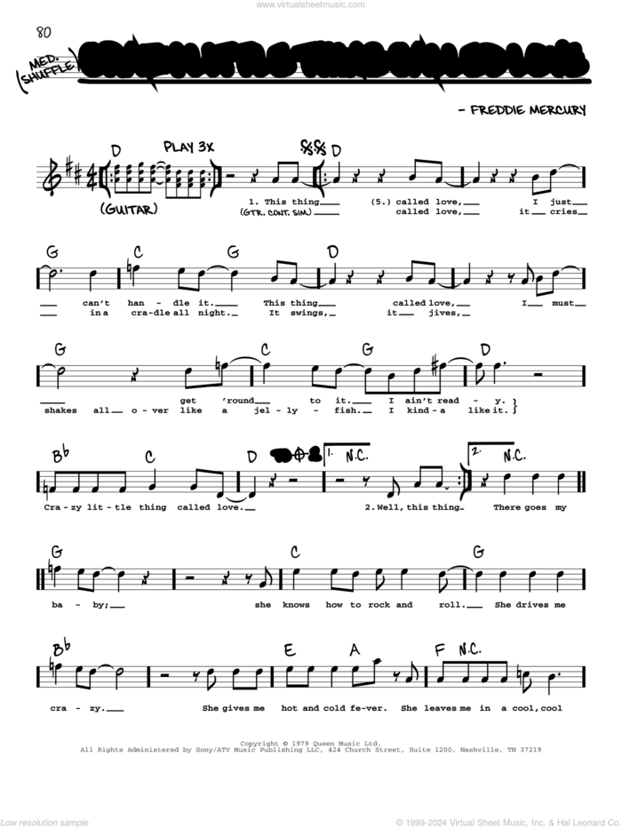Crazy Little Thing Called Love sheet music for voice and other instruments (real book with lyrics) by Queen and Freddie Mercury, intermediate skill level