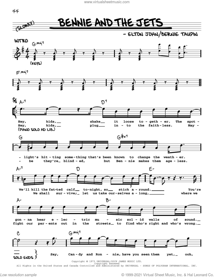 Bennie And The Jets sheet music for voice and other instruments (real book with lyrics) by Elton John and Bernie Taupin, intermediate skill level