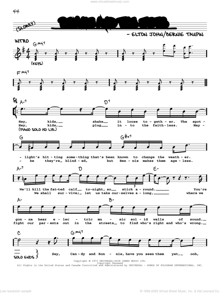 Bennie And The Jets sheet music for voice and other instruments (real book with lyrics) by Elton John and Bernie Taupin, intermediate skill level