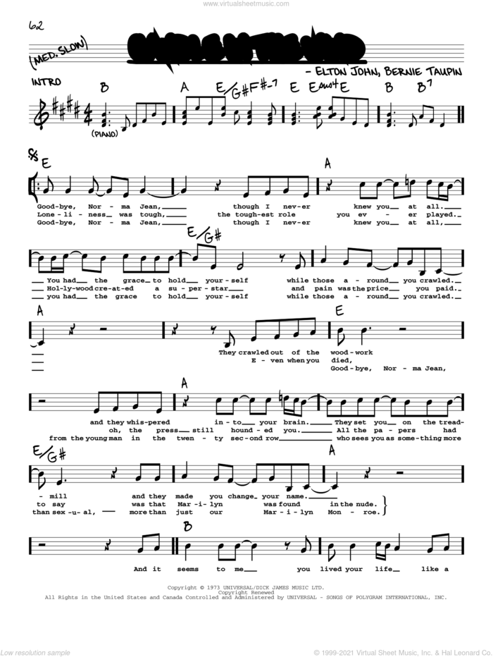 Candle In The Wind sheet music for voice and other instruments (real book with lyrics) by Elton John and Bernie Taupin, intermediate skill level