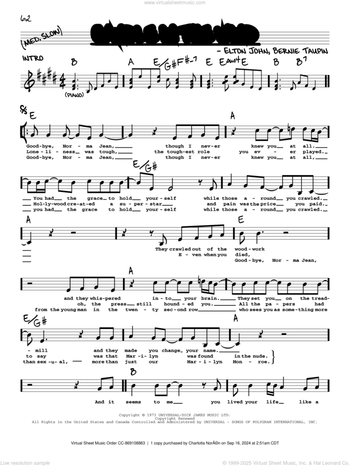 Candle In The Wind sheet music for voice and other instruments (real book with lyrics) by Elton John and Bernie Taupin, intermediate skill level