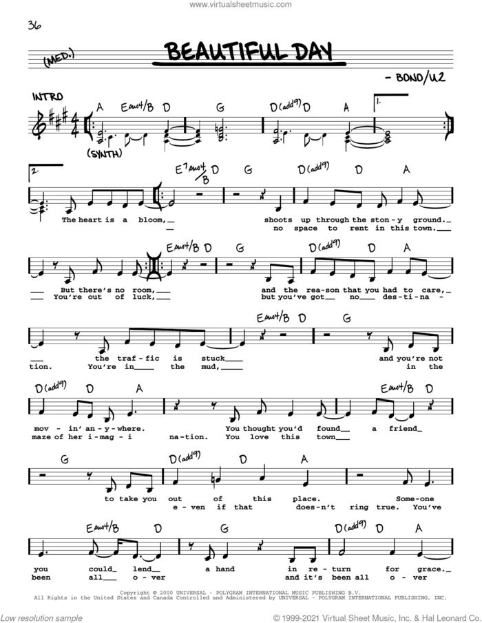 Beautiful Day sheet music for voice and other instruments (real book with lyrics) by U2 and Bono, intermediate skill level