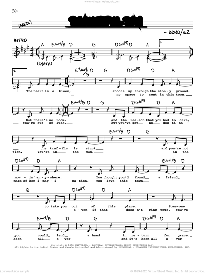 Beautiful Day sheet music for voice and other instruments (real book with lyrics) by U2 and Bono, intermediate skill level