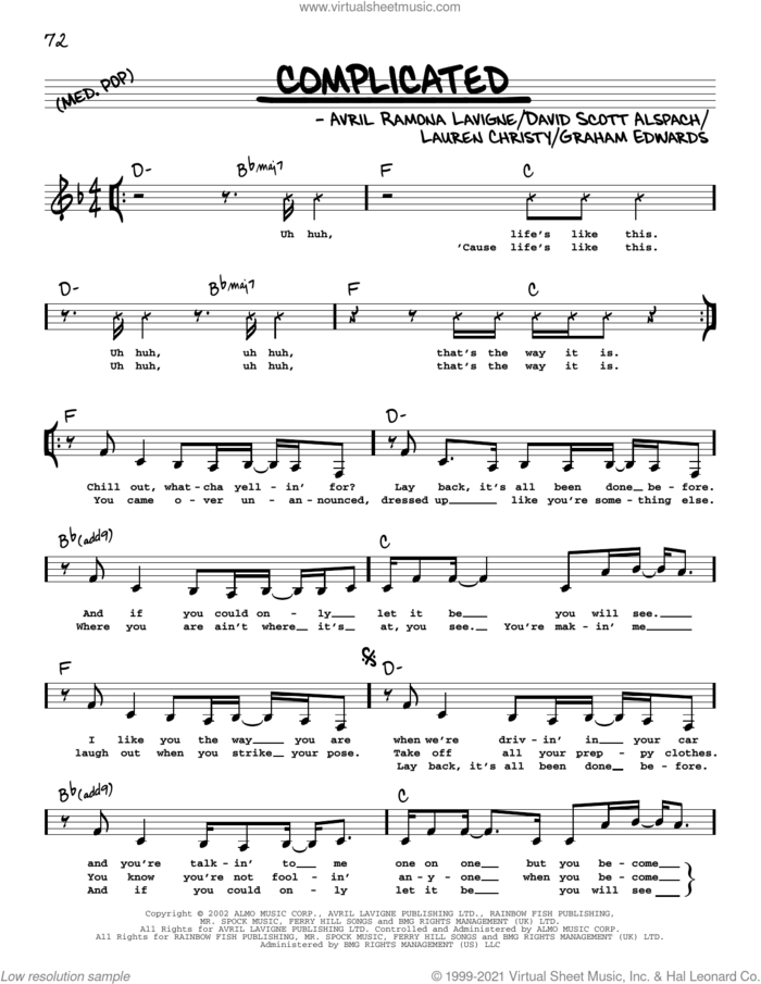 Complicated sheet music for voice and other instruments (real book with lyrics) by Avril Lavigne, Avril Ramona Lavigne, David Scott Alspach, Graham Edwards and Lauren Christy, intermediate skill level