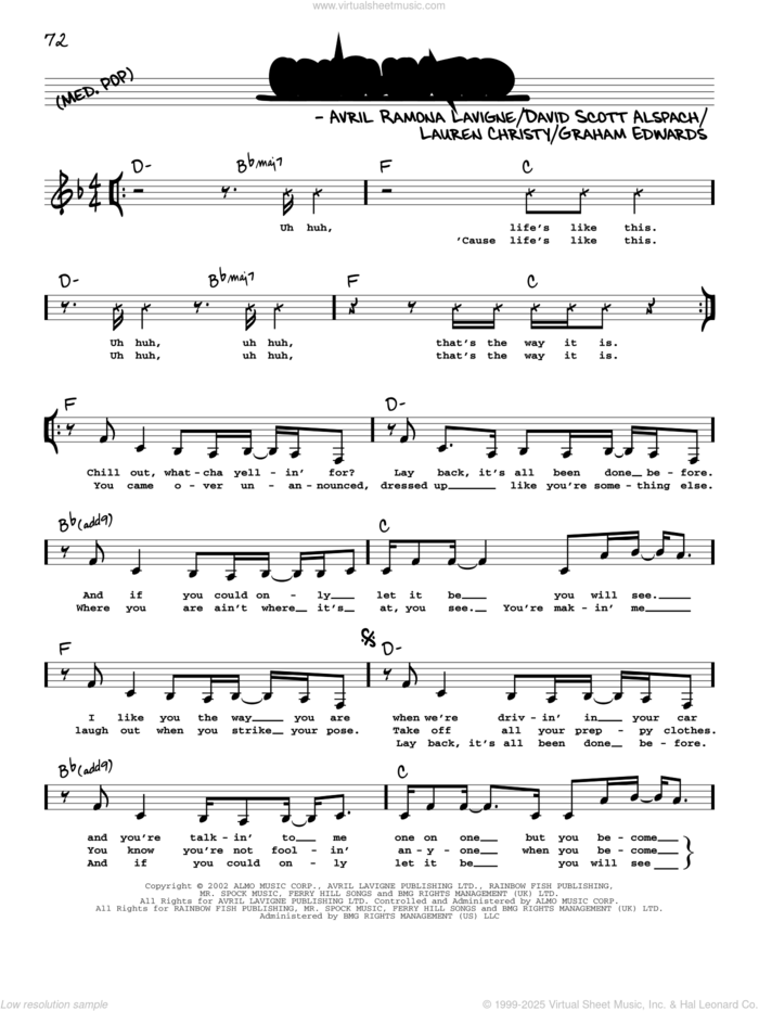 Complicated sheet music for voice and other instruments (real book with lyrics) by Avril Lavigne, Avril Ramona Lavigne, David Scott Alspach, Graham Edwards and Lauren Christy, intermediate skill level