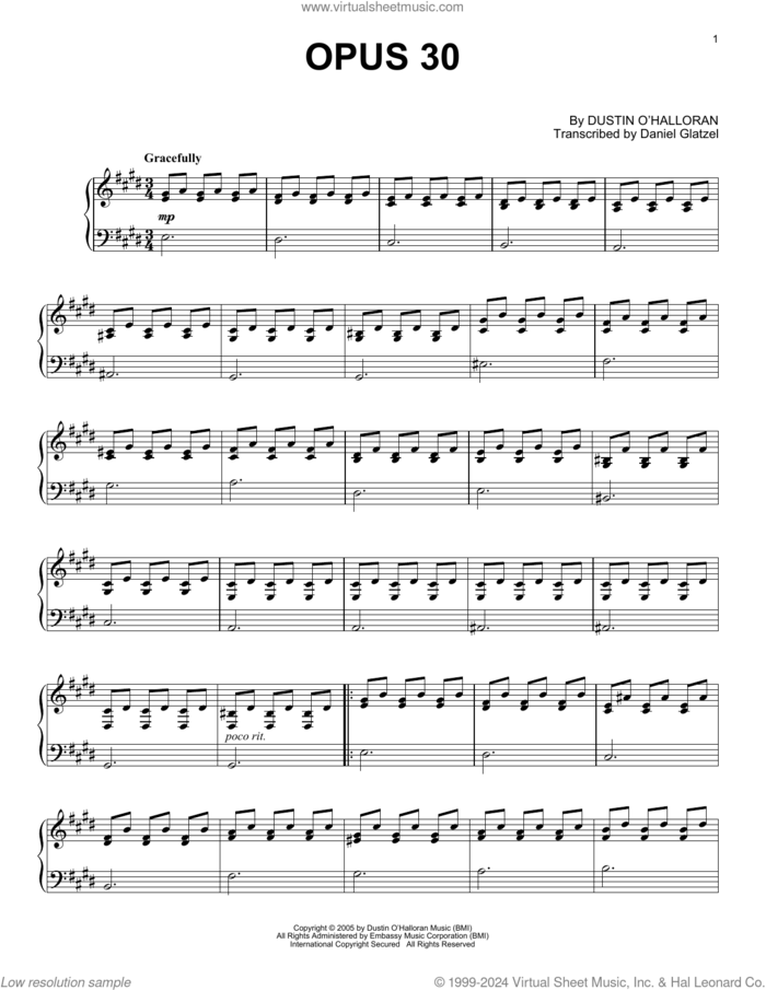 Opus 30 sheet music for piano solo by Dustin O'Halloran, classical score, intermediate skill level