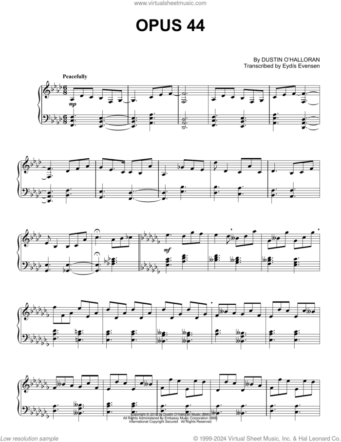 Opus 44 sheet music for piano solo by Dustin O'Halloran, classical score, intermediate skill level