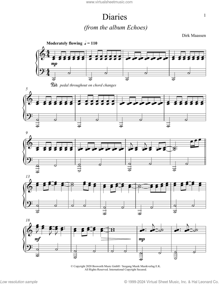 Diaries sheet music for piano solo by Dirk Maassen, classical score, intermediate skill level