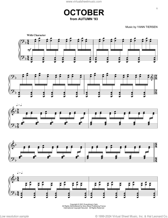 October sheet music for piano solo by Yann Tiersen, classical score, intermediate skill level