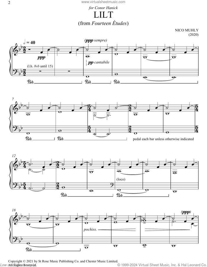 Lilt sheet music for piano solo by Nico Muhly, classical score, intermediate skill level