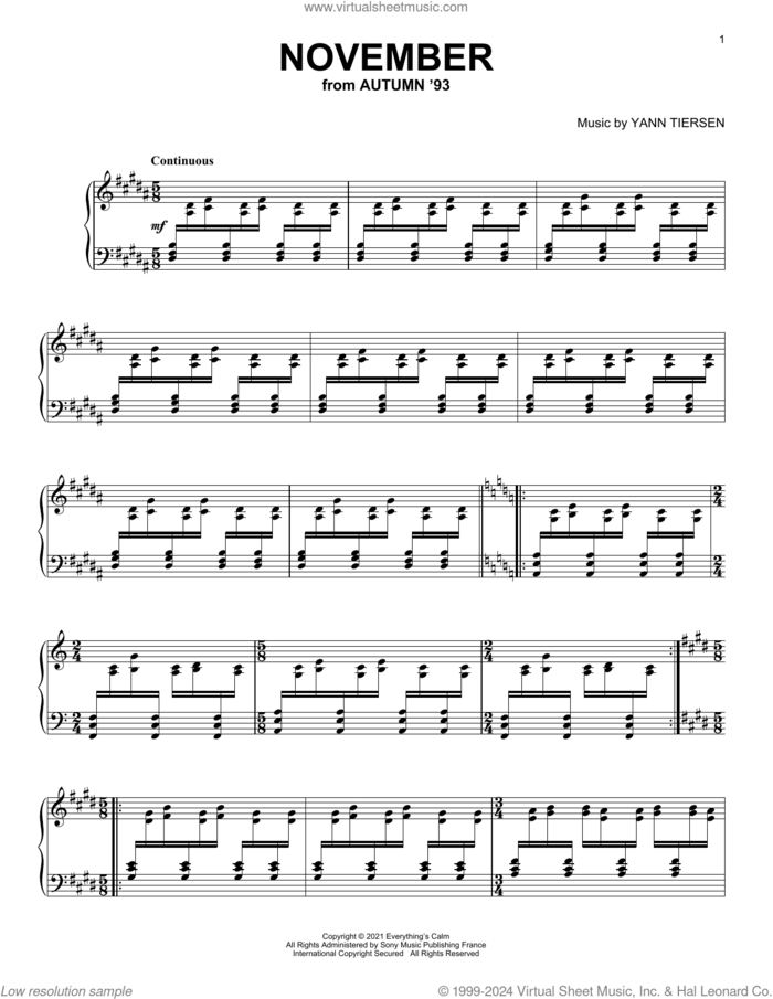 November sheet music for piano solo by Yann Tiersen, classical score, intermediate skill level