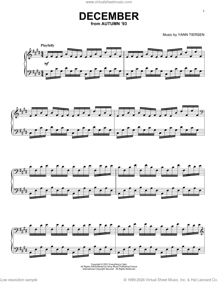 December sheet music for piano solo by Yann Tiersen, classical score, intermediate skill level