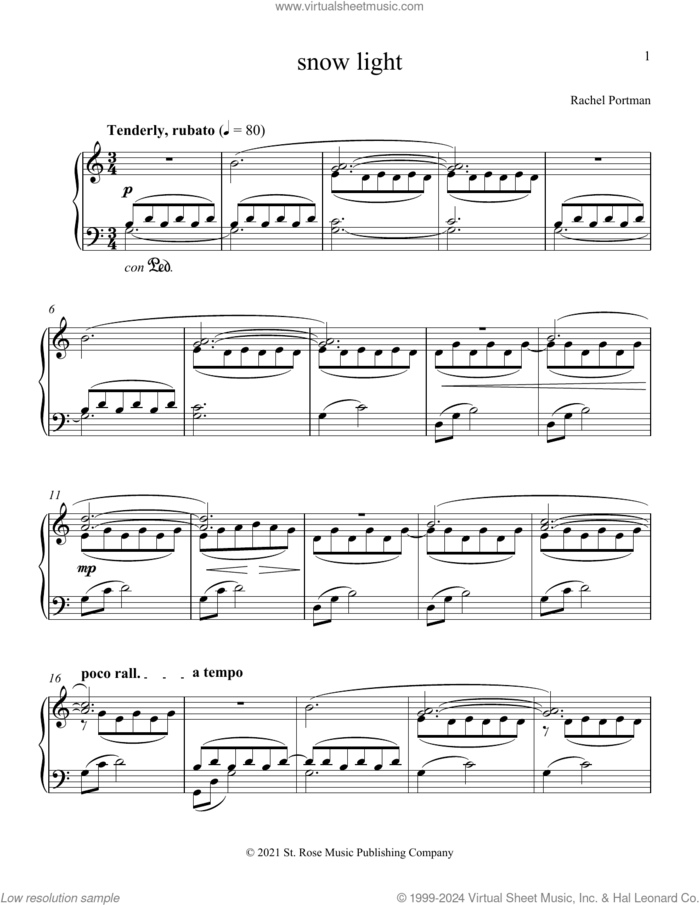 Snow Light sheet music for piano solo by Rachel Portman, classical score, intermediate skill level