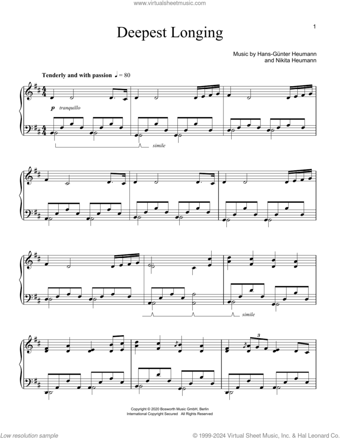 Deepest Longing sheet music for piano solo by Hans-Gunter Heumann and Nikita Heumann, classical score, intermediate skill level