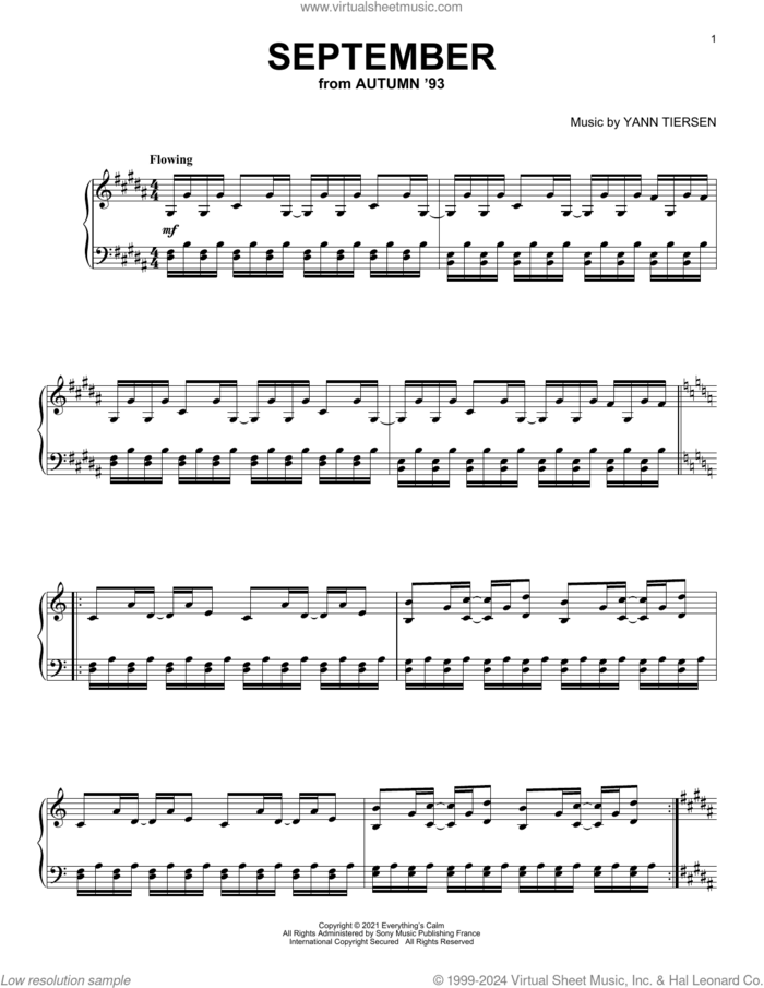 September sheet music for piano solo by Yann Tiersen, classical score, intermediate skill level