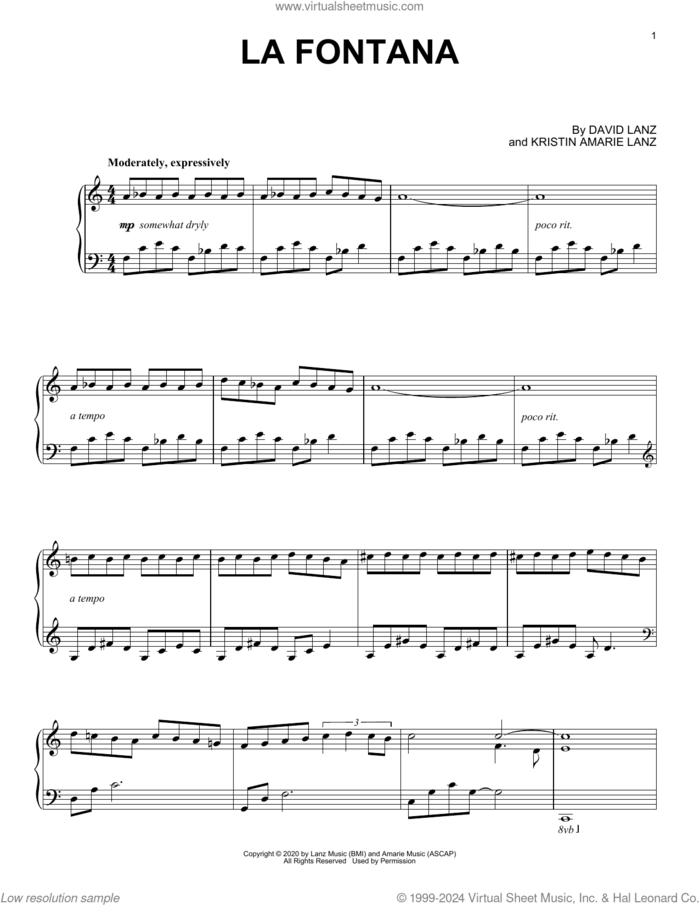 La Fontana sheet music for piano solo by David Lanz and Kristin Marie Lanz, classical score, intermediate skill level