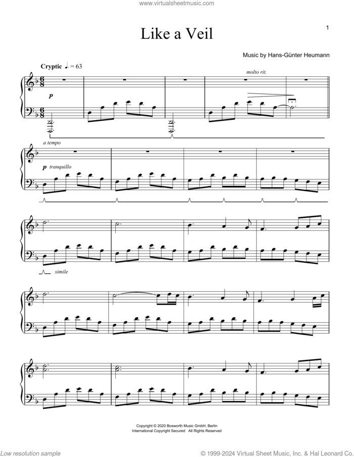 Like A Veil sheet music for piano solo by Hans-Gunter Heumann, classical score, intermediate skill level