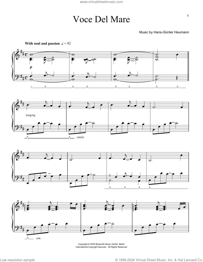 Voce Del Mare sheet music for piano solo by Hans-Gunter Heumann, classical score, intermediate skill level