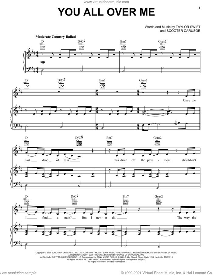 You All Over Me (feat. Maren Morris) (Taylor's Version) (From The Vault) sheet music for voice, piano or guitar by Taylor Swift and Scooter Carusoe, intermediate skill level