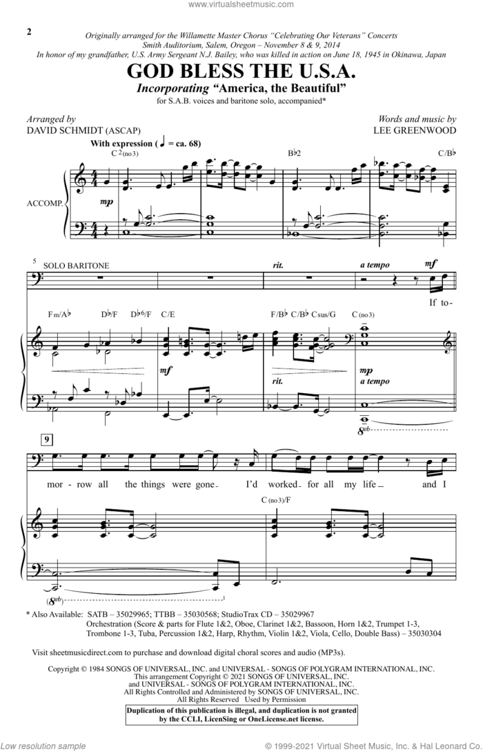 God Bless The U.S.A. (arr. David Schmidt) sheet music for choir (SAB: soprano, alto, bass) by Lee Greenwood and David Schmidt, intermediate skill level