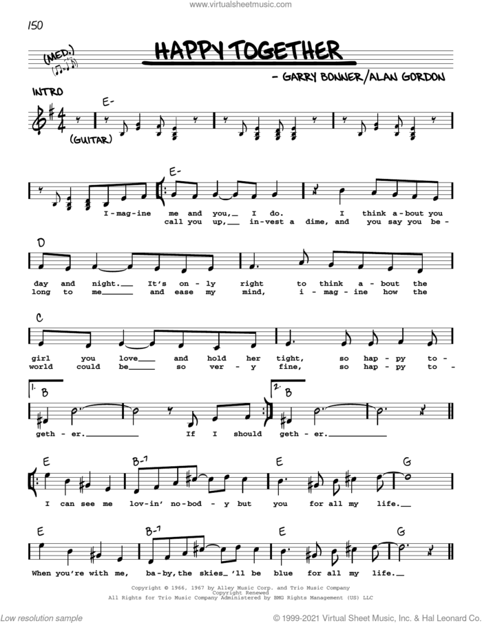 Happy Together sheet music for voice and other instruments (real book with lyrics) by The Turtles, Alan Gordon and Garry Bonner, intermediate skill level