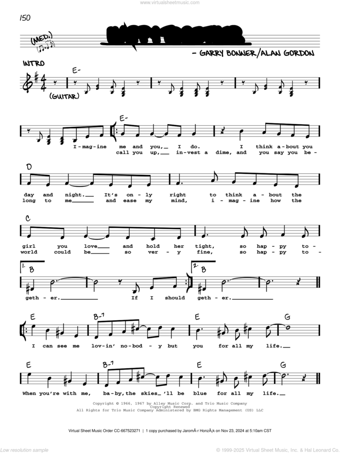 Happy Together sheet music for voice and other instruments (real book with lyrics) by The Turtles, Alan Gordon and Garry Bonner, intermediate skill level