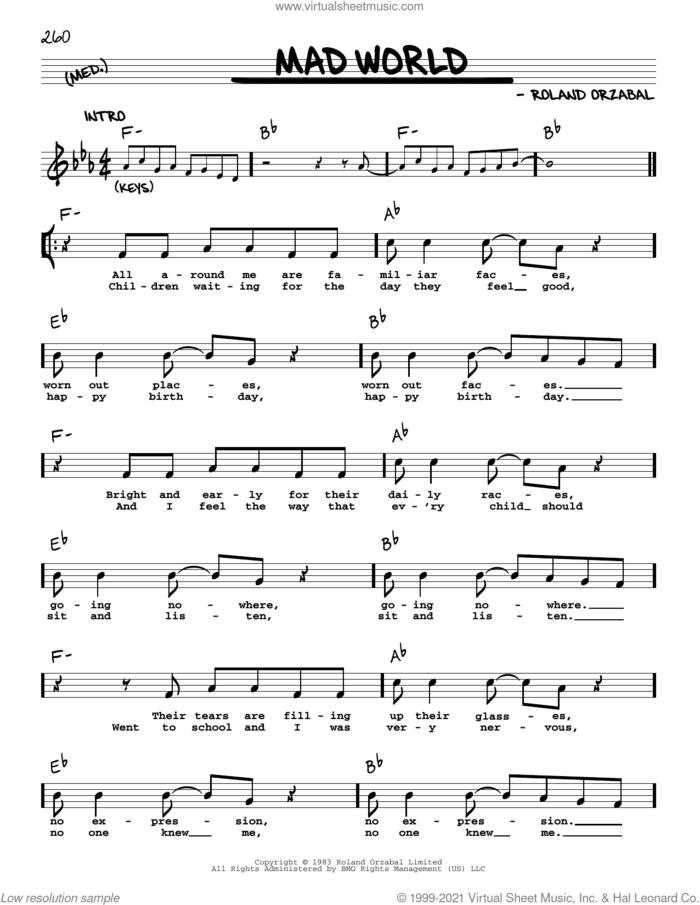 Mad World sheet music for voice and other instruments (real book with lyrics) by Tears For Fears and Roland Orzabal, intermediate skill level