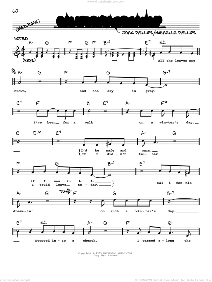 California Dreamin' sheet music for voice and other instruments (real book with lyrics) by The Mamas & The Papas, John Phillips and Michelle Phillips, intermediate skill level